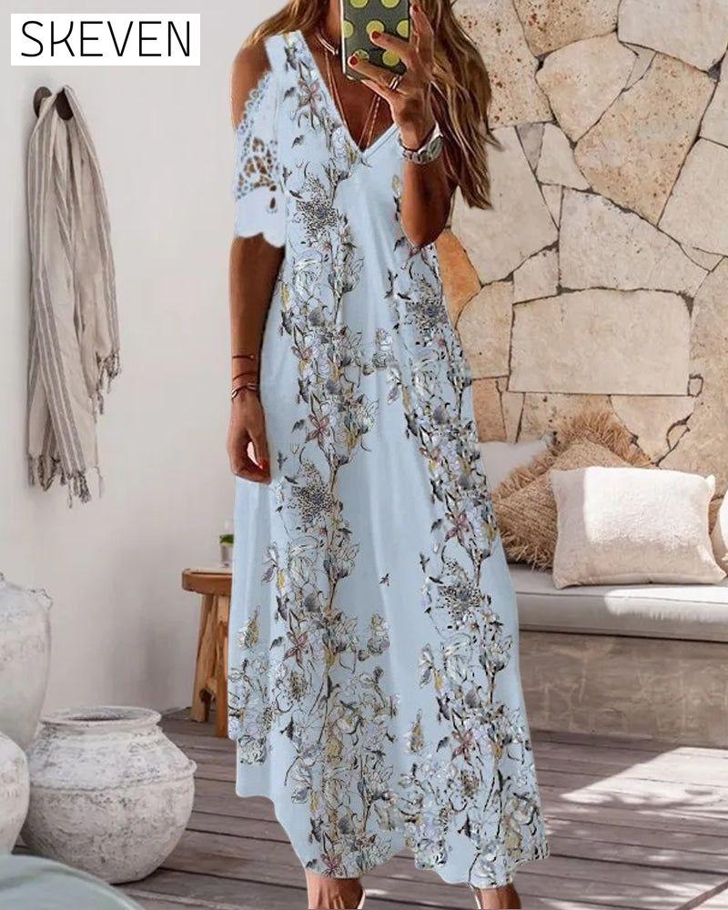 Floral Print Dress with Short Lace Sleeves 23BF Casual Dresses Clothes Dresses Spring Summer Vacation Dresses