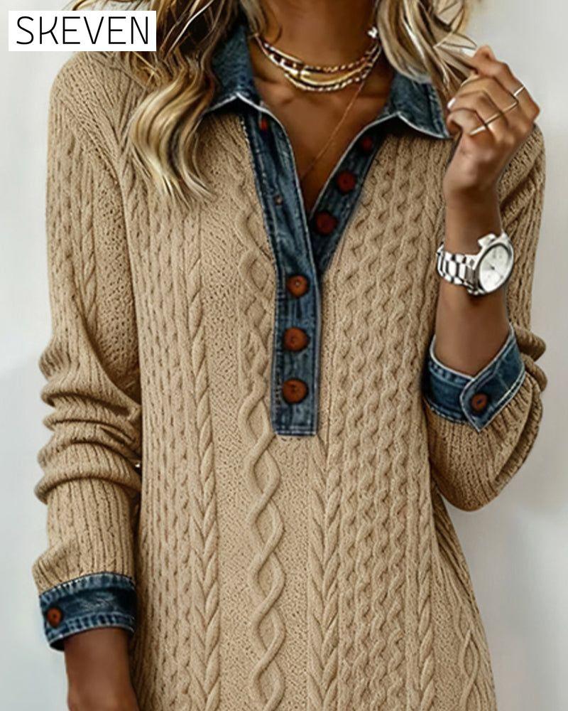 Denim cable knit patchwork collared dress
