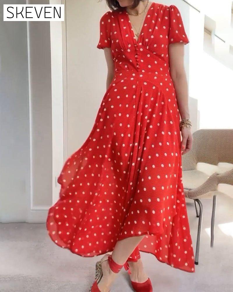 Romantic polka dot print waist dress 23BF Casual Dresses Clothes Dresses Elegant Dresses Summer