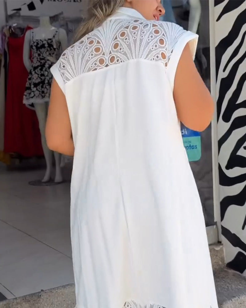 Sleeveless Shirt Lace Hem Long Dress