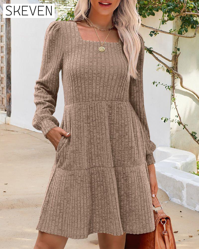 🍂2025 Autumn New Style⏰Women's Square Neck Lantern Sleeve Ribbed Dress