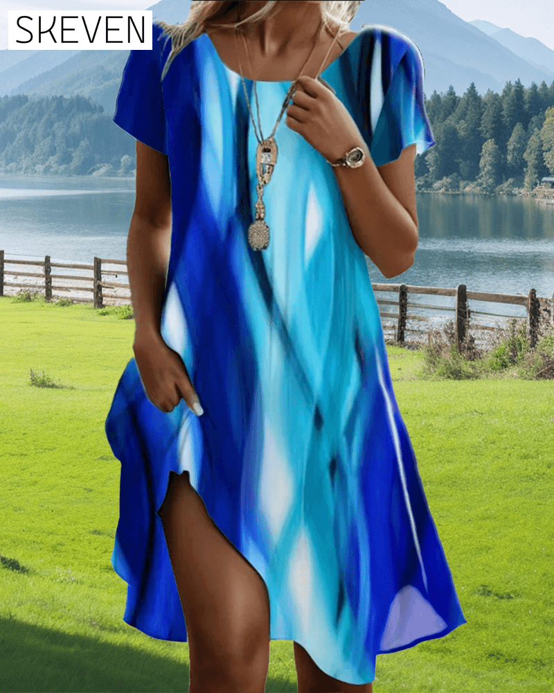 Puffärmel-Kleid mit Batikmuster und Rundhalsausschnitt
