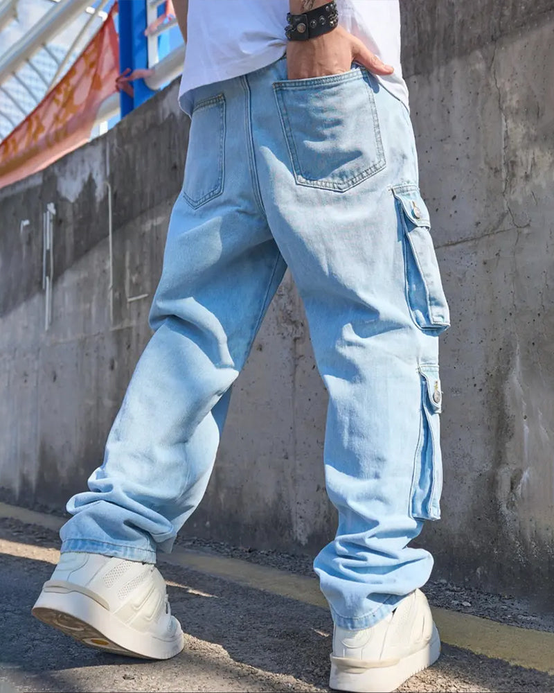 Men's Loose Solid Flap Pocket Cargo Denim Jeans