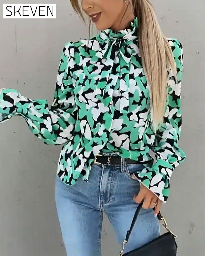 Butterfly print stand collar long sleeve shirt