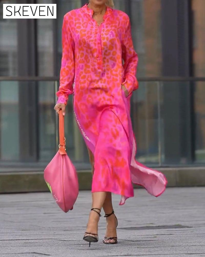 Long-Sleeved Leopard Print Slit Dress