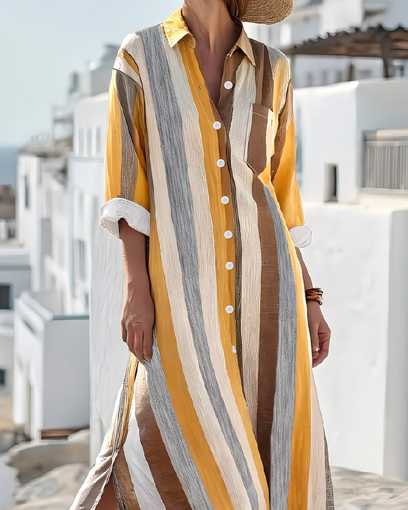 Casual Striped Lapel Midi Dress