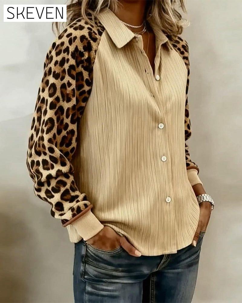 Chemise à revers à manches longues imprimée léopard