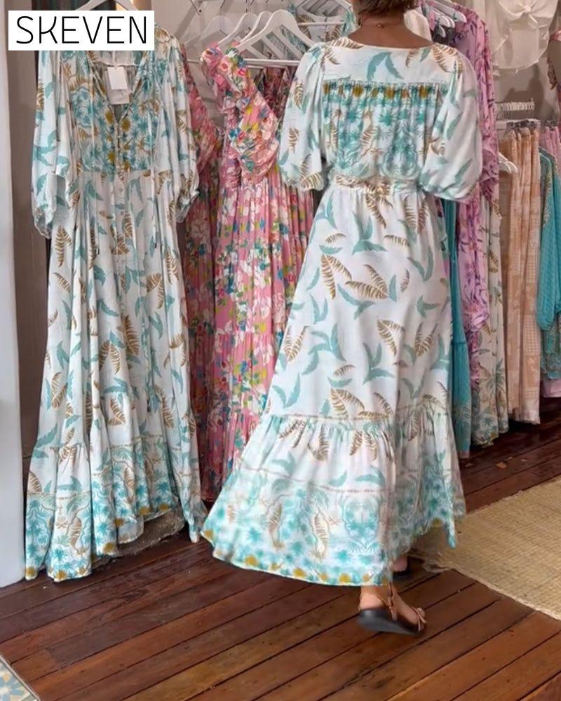 Maxikleid mit V-Ausschnitt und Blätterprint für Damen
