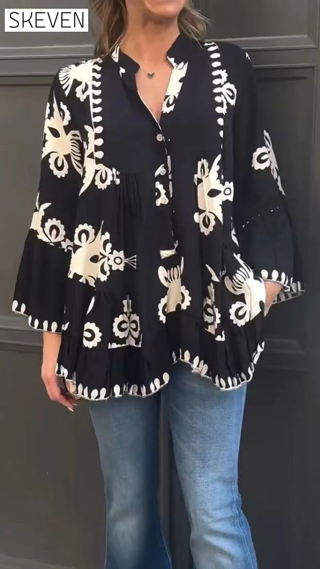 Printed V-neck buttoned elegant blouse blouses & shirts spring summer