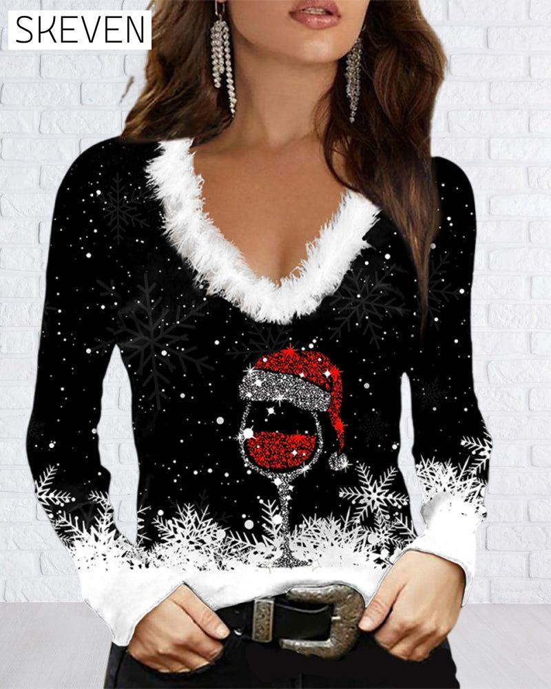 Bedrucktes Langarmshirt mit V-Ausschnitt