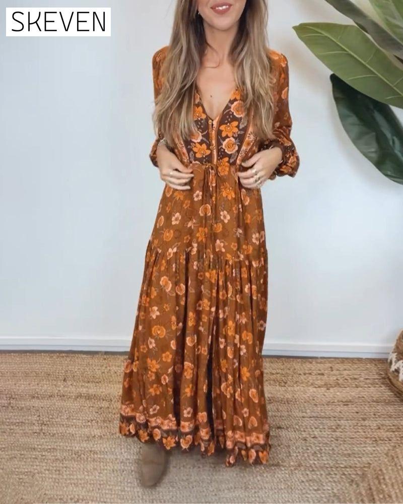 Vintage floral print V-neck lantern sleeve dress