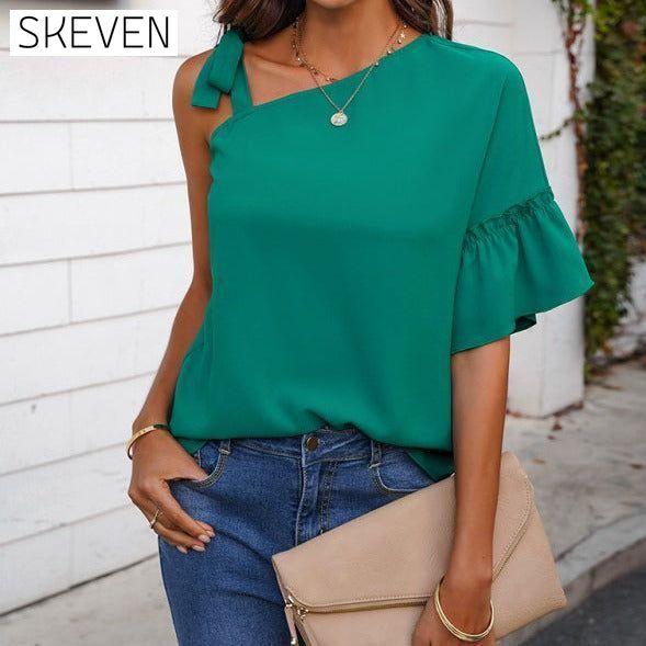 Women's fashion diagonal collar Ruffle Sleeve Chiffon Top clothes off the shoulder shirt shirt shirts short sleeve short sleeve shirt short sleeve top tops Tops/Blouses