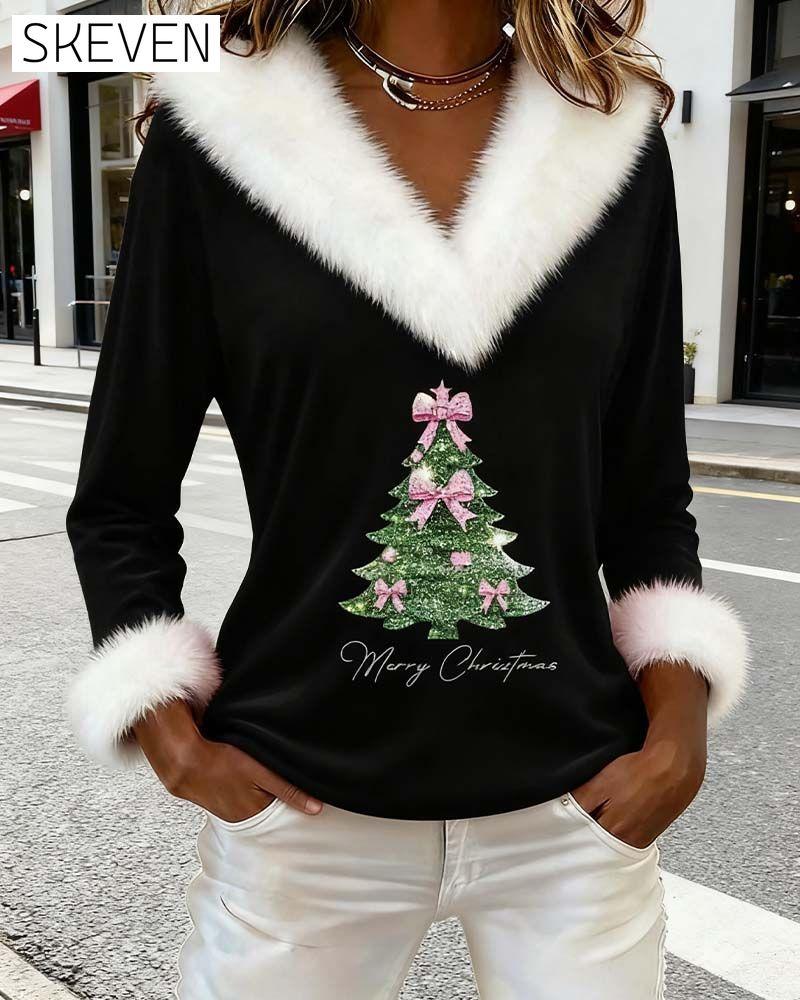 Large Fur Collar Christmas Print Top