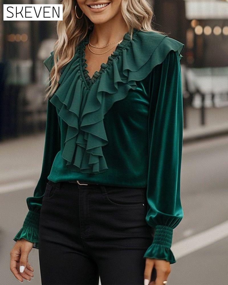 Ruffled V-Neck Long-Sleeved Velvet Top