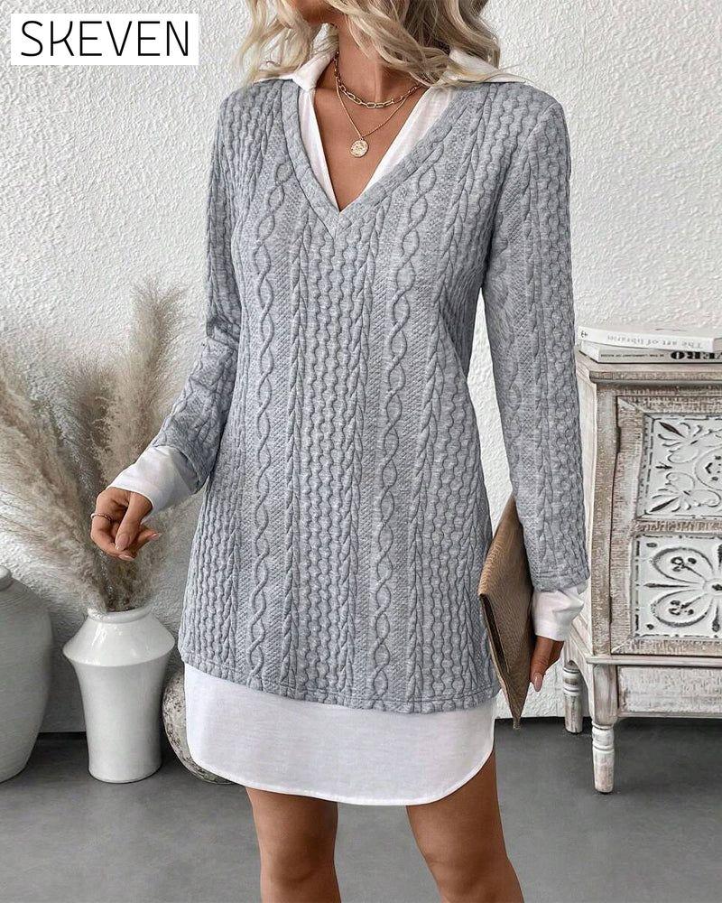 Hemdkragen-Täuschungs-Zweiteiler-Strickkleid
