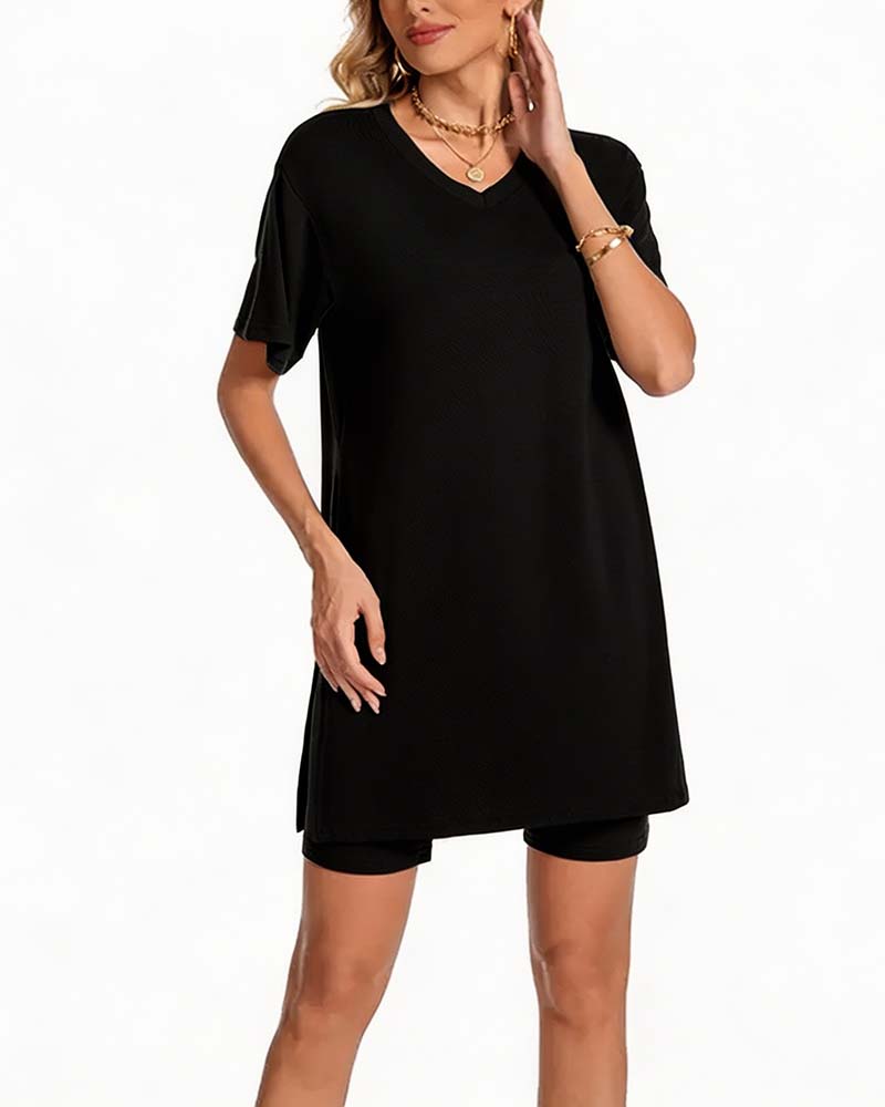 V-Neck Side Split Short Sleeve Set