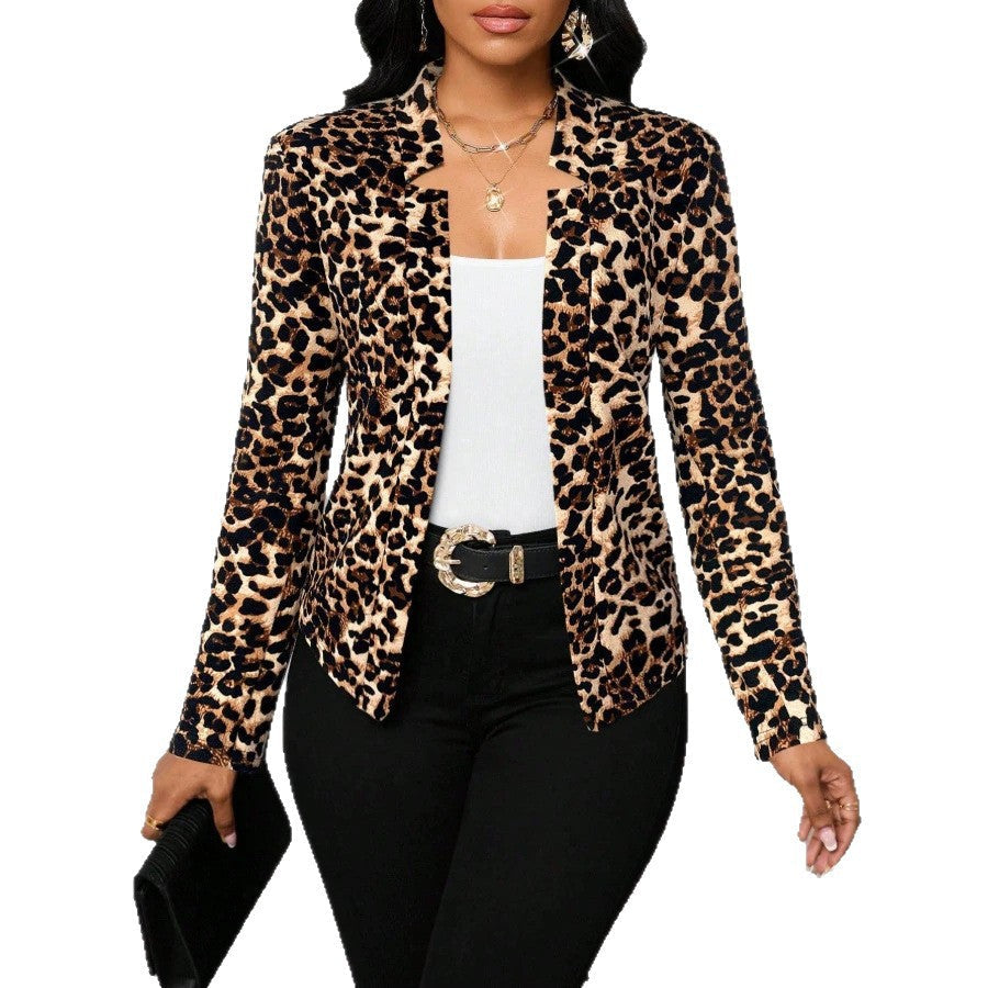 Leopard-print Elegant Petite Blazer Long-sleeve Cardigan Coat Top