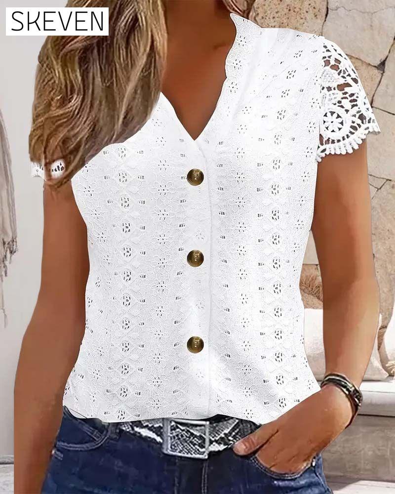 Solid Color Hollow Short-Sleeved Blouse
