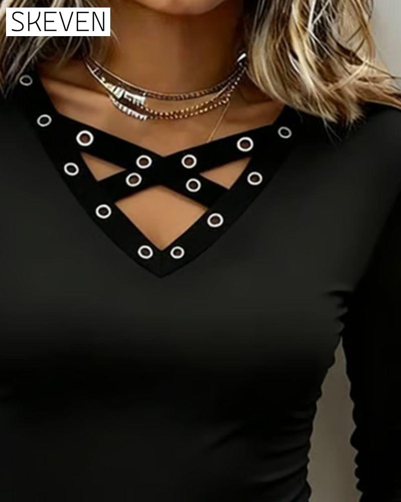 Cross V-Neck Long-Sleeved Top