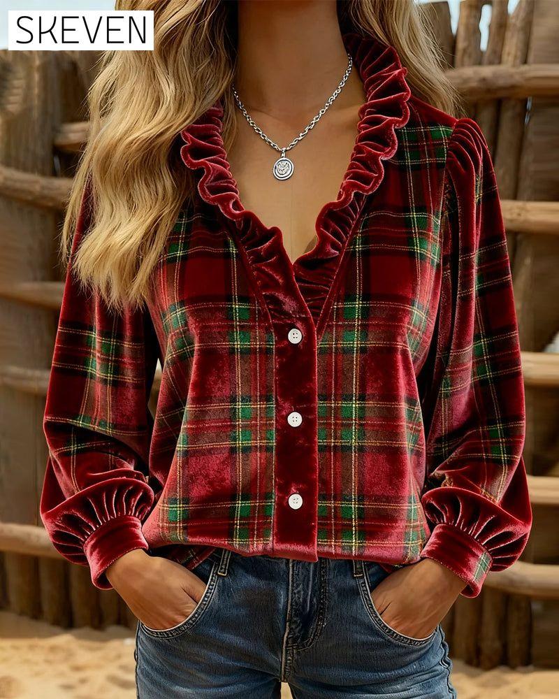 Ruffled V-Neck Velvet Top
