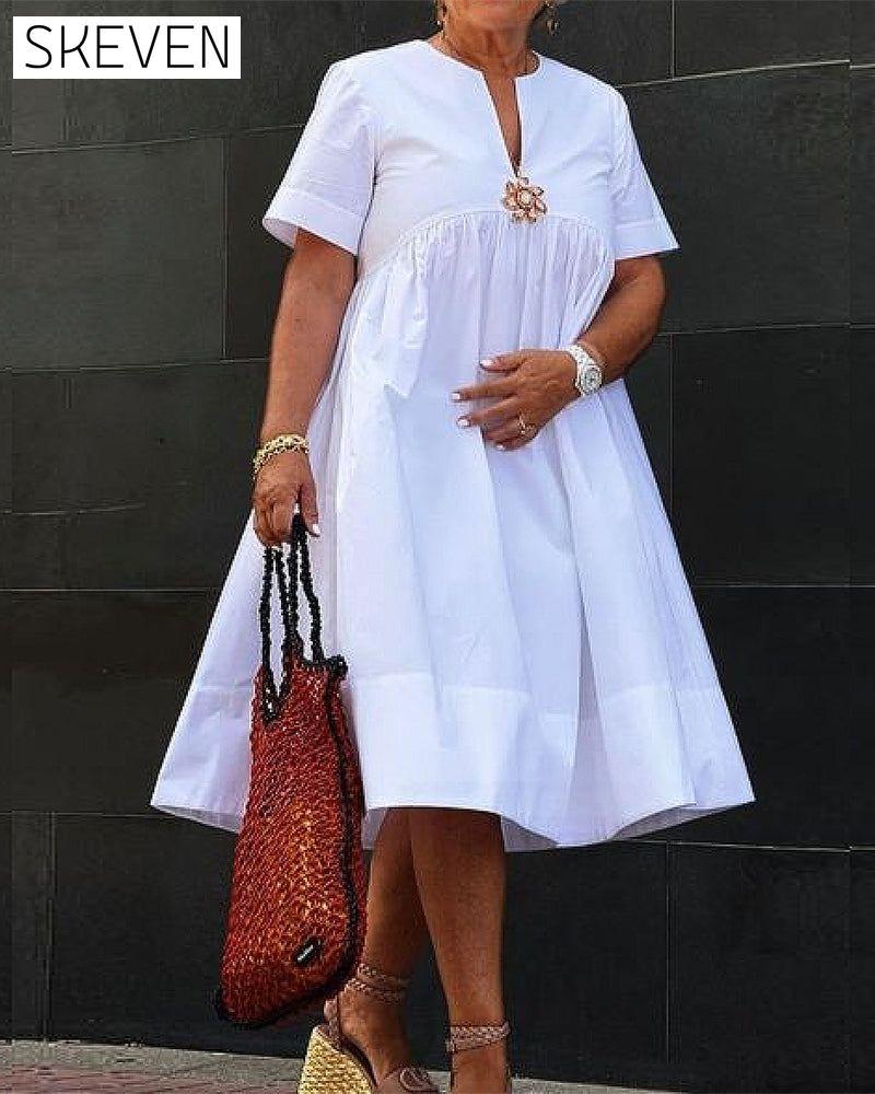 Patchwork short-sleeved solid color pleated dress