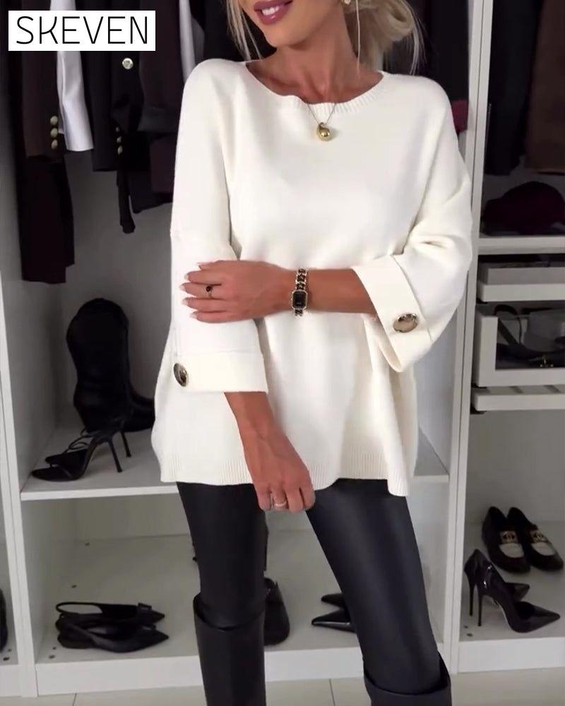 Fashion solid color round neck button pullover