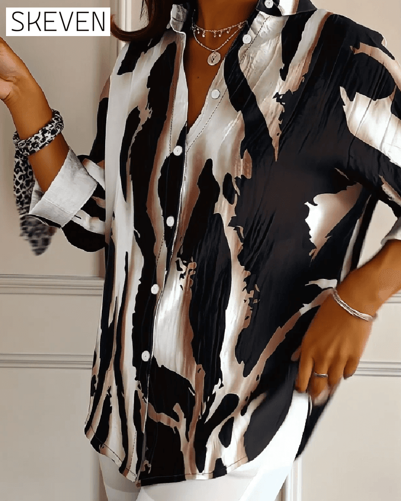Stand Collar Irregular Printed Blouse