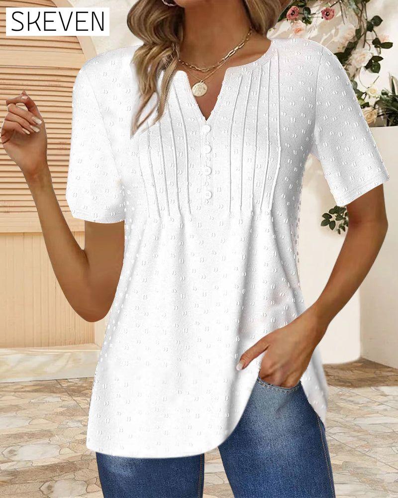 Simple solid color jacquard V-neck short-sleeved top