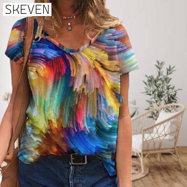 Colorful Print Casual T-Shirt Multicolor best Best Sellings clothes Plus Size Sale tops Topseller