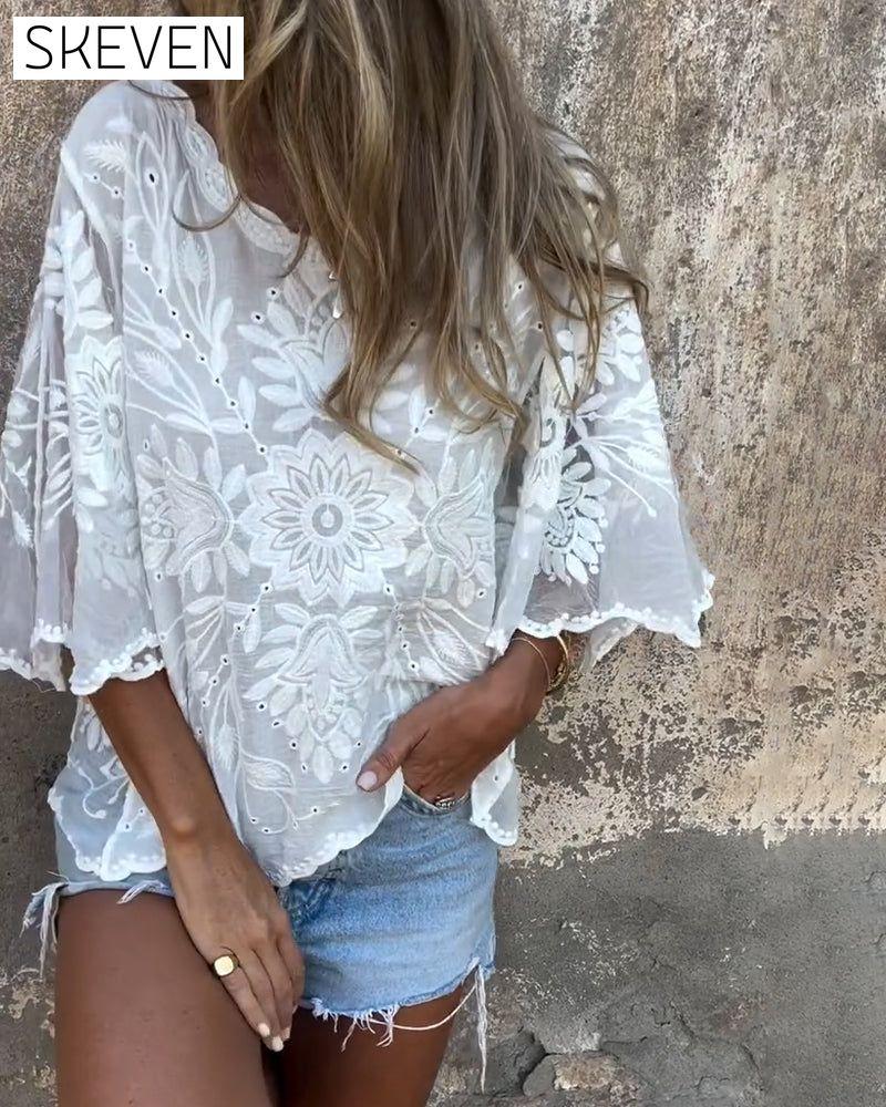 Butterfly Sleeve Round Neck Embroidered Blouse