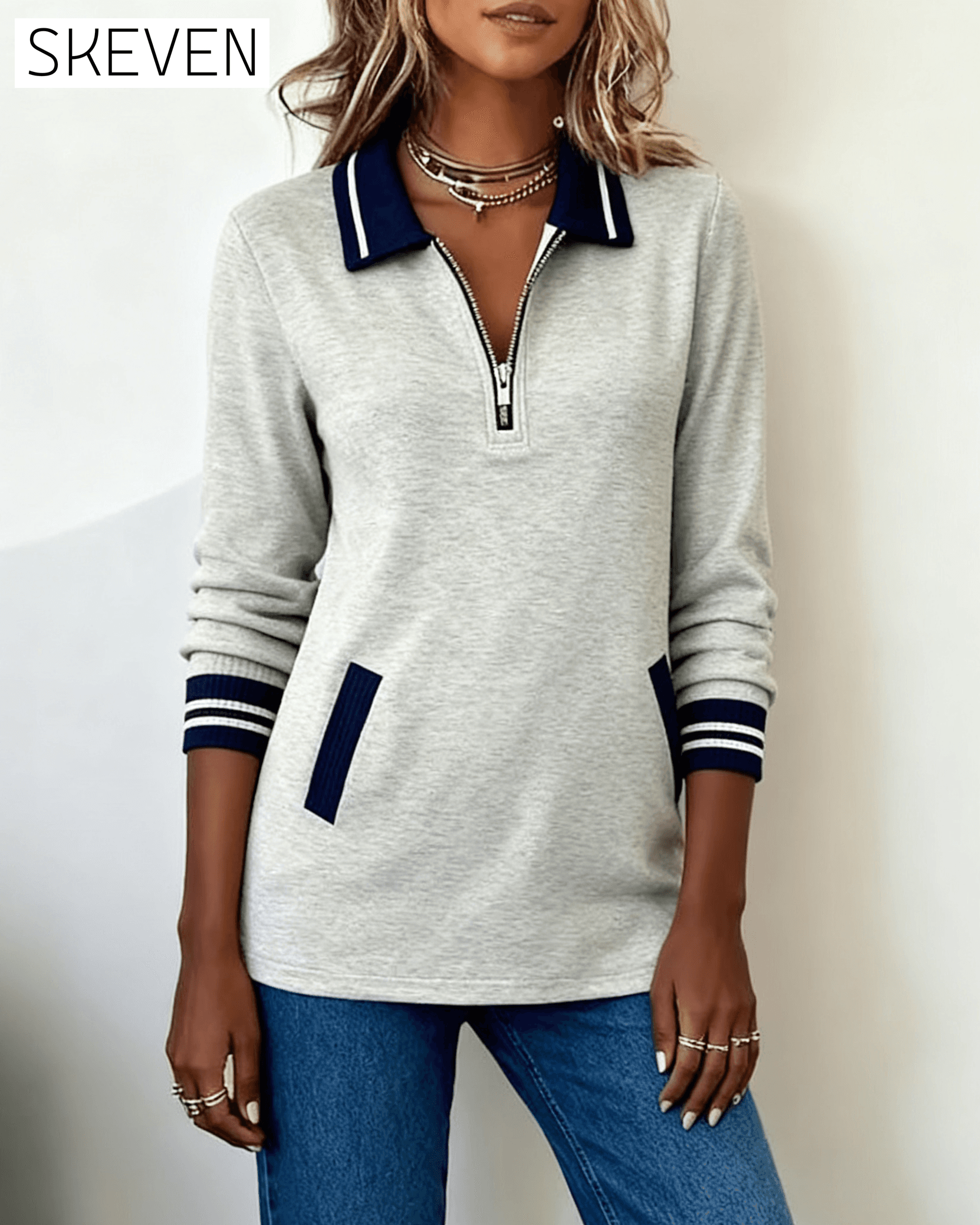 Reversreißverschluss, kontrastfarbenes, lockeres Sweatshirt