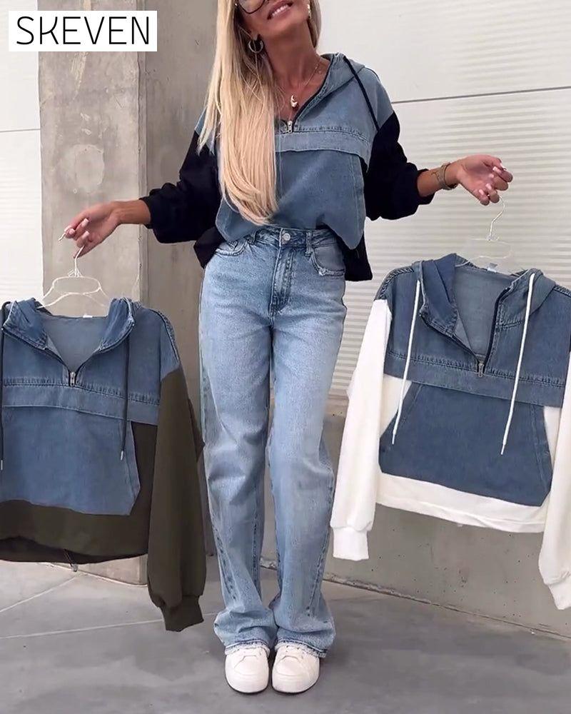 Casual denim patchwork zipper hoodie