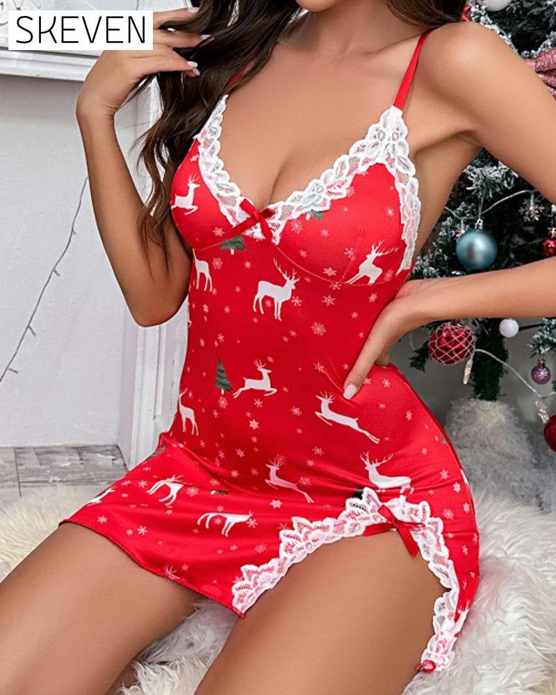Robe à bretelles fendue en dentelle imprimée renne tendance
