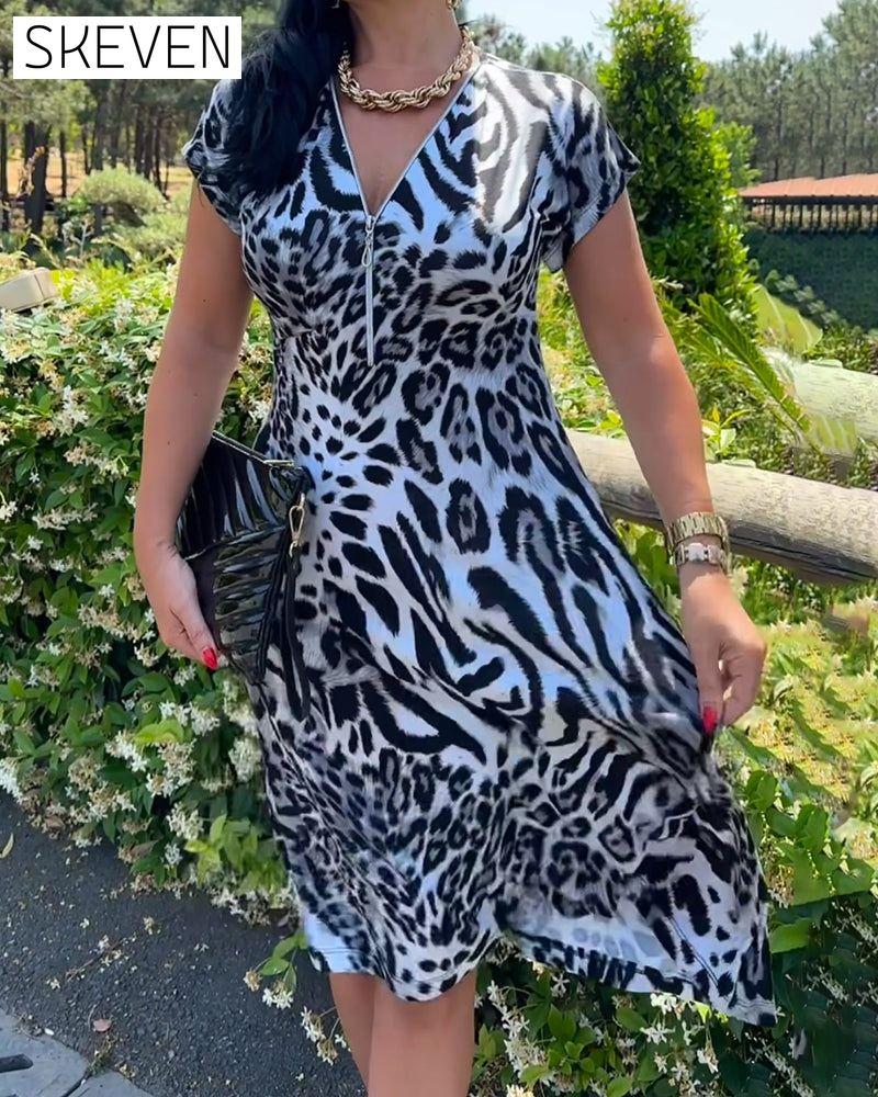 V-Neck Zip-Up Leopard Print Dress