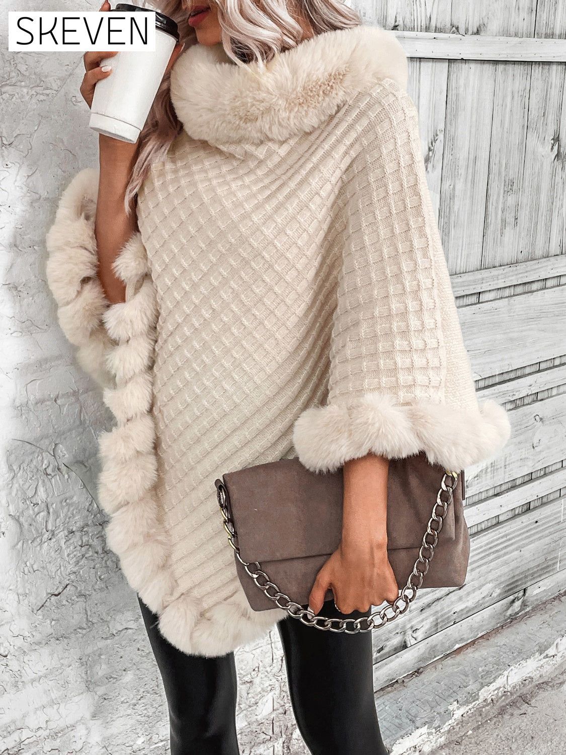 Faux Fur Trim Fashion Poncho Sweater clothes Outerwear Ship From Overseas Shipping Delay 09/30/2023 - 10/03/2023 Sounded Sweater sweaters