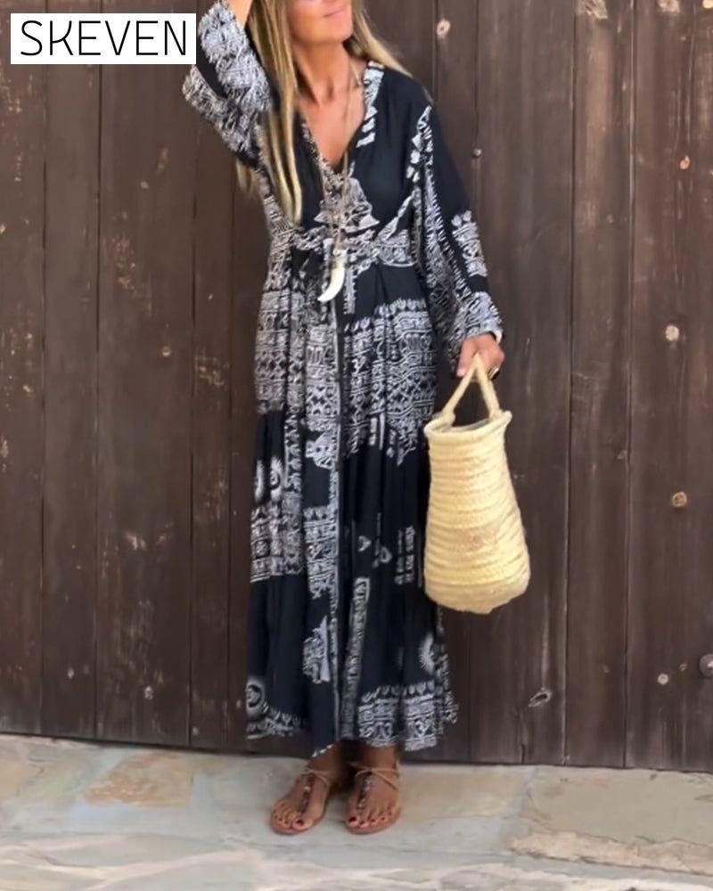Retro contrast print long sleeve casual dress casual dresses spring summer vacation dresses