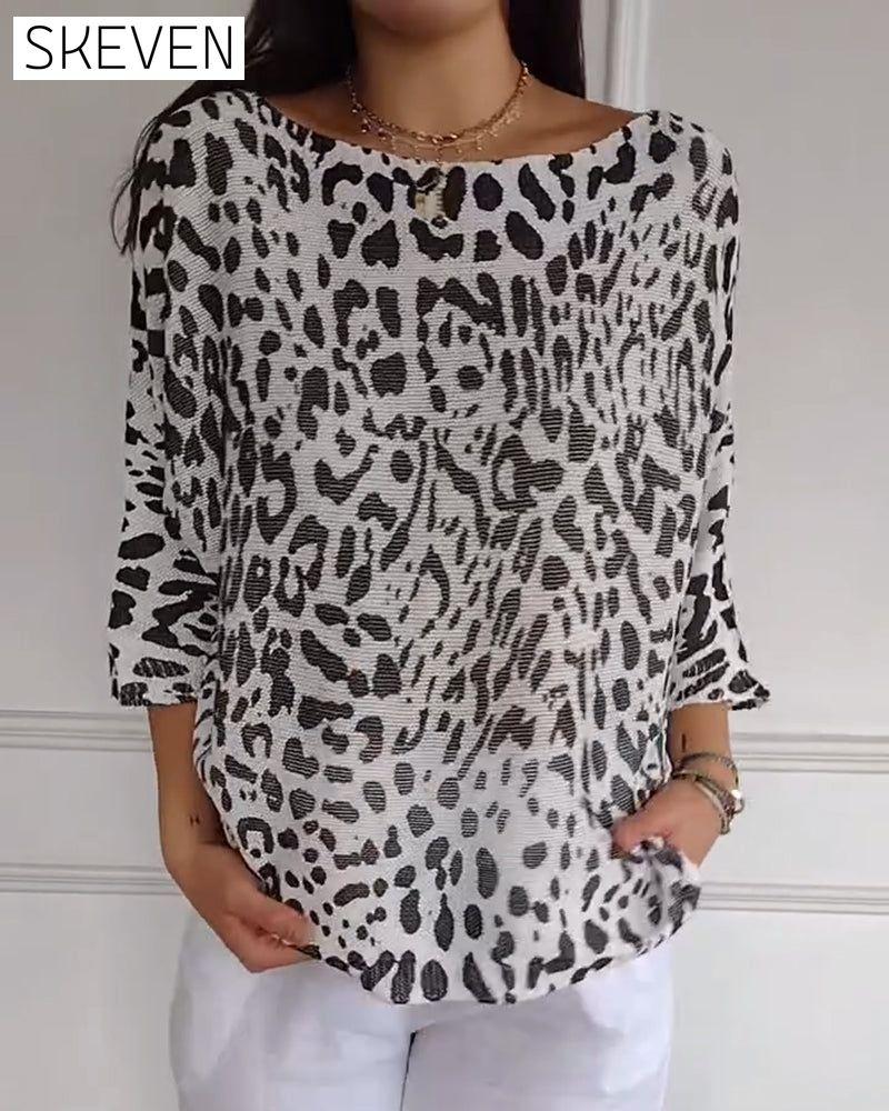 Three-Quarter Sleeve Leopard Print Loose Sweater
