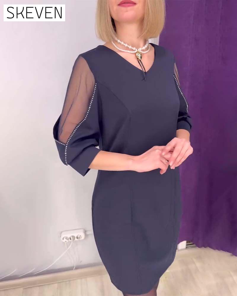 Half-sleeved V-neck Rhinestone Stitching Dress