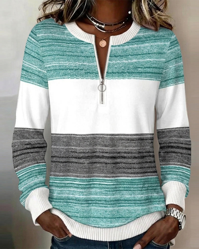 Round Neck Zipper Striped Contrast Sweatshirt