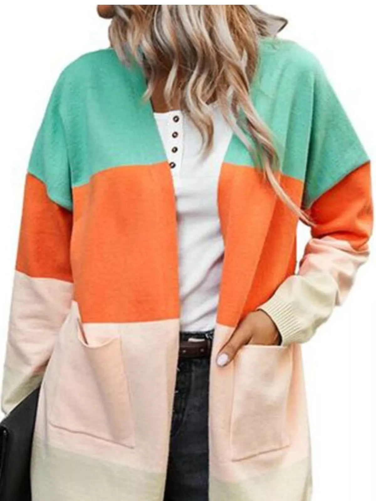 Color-Block Open Front Knit Cardigan