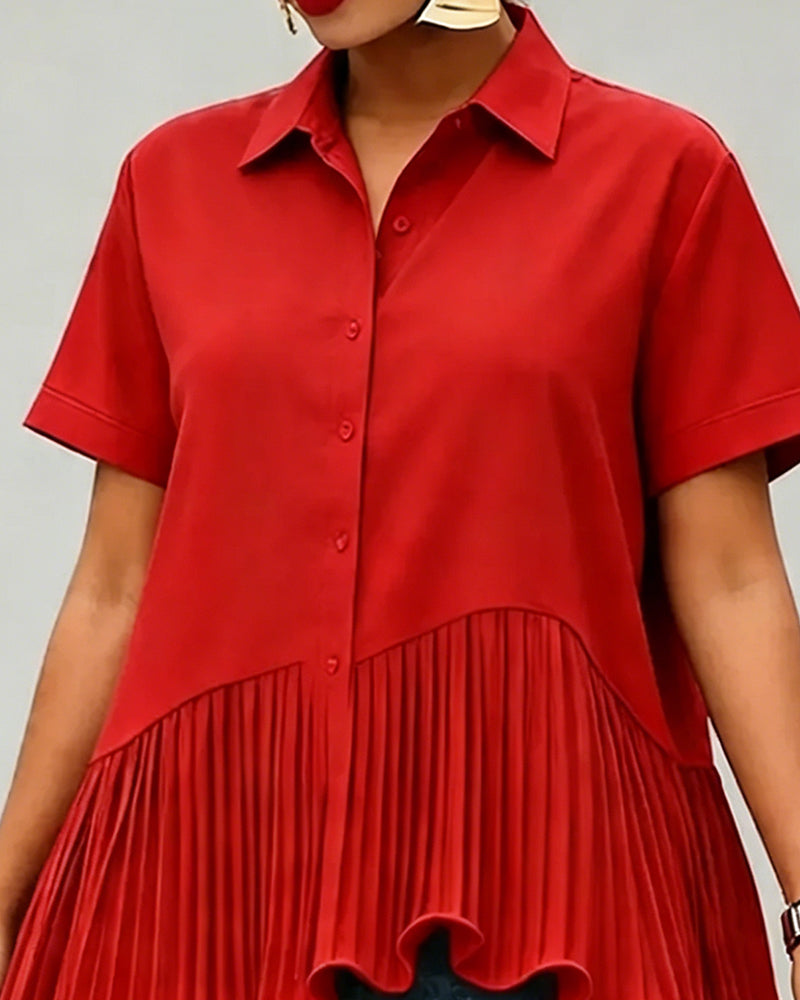 Asymmetrical Pleated Hem Lapel Blouse