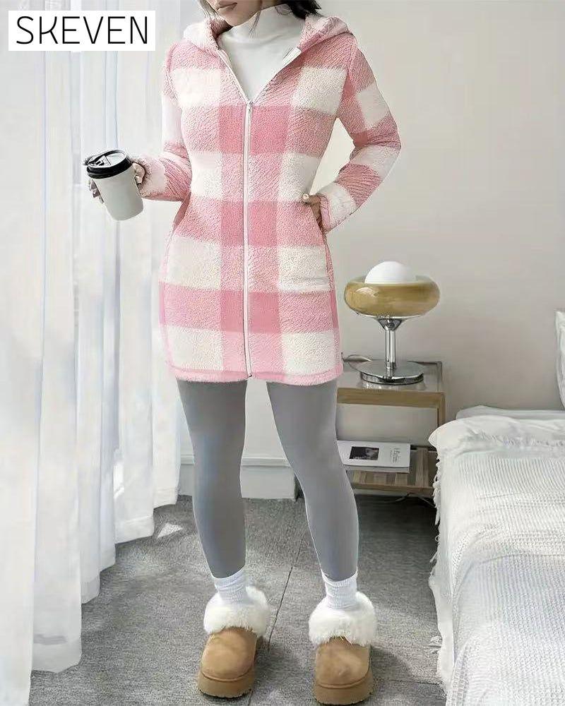 Manteau à capuche à manches longues en polaire à carreaux pour femme