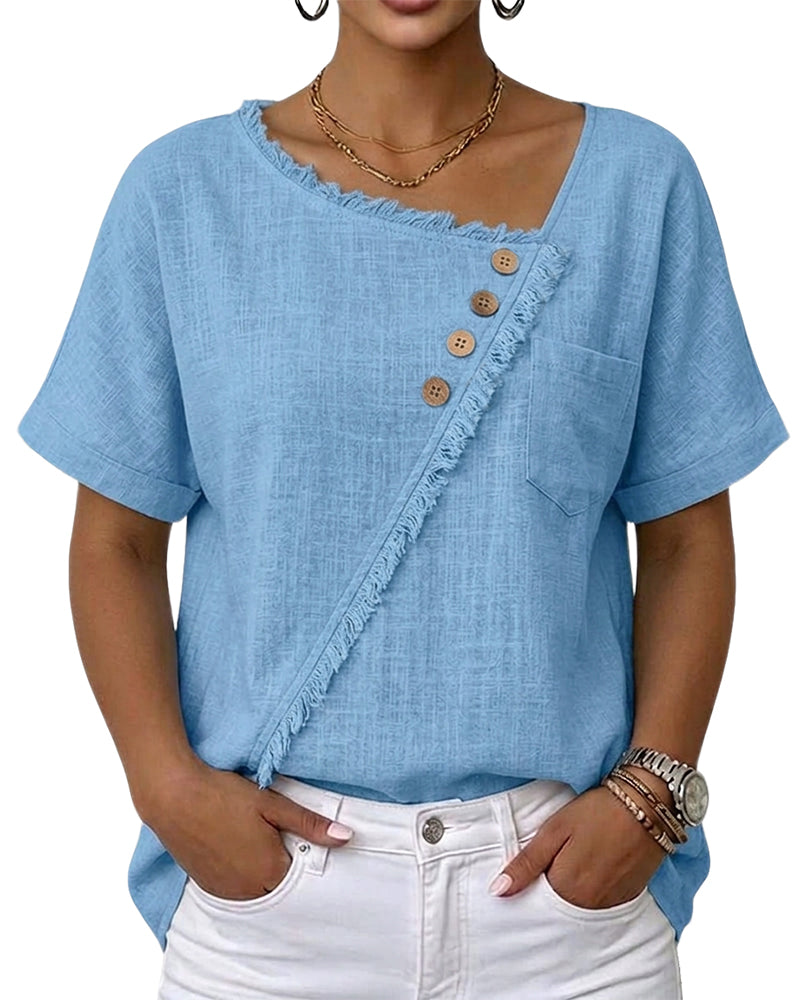 Raw Edge Bias Button Short-Sleeved Blouse