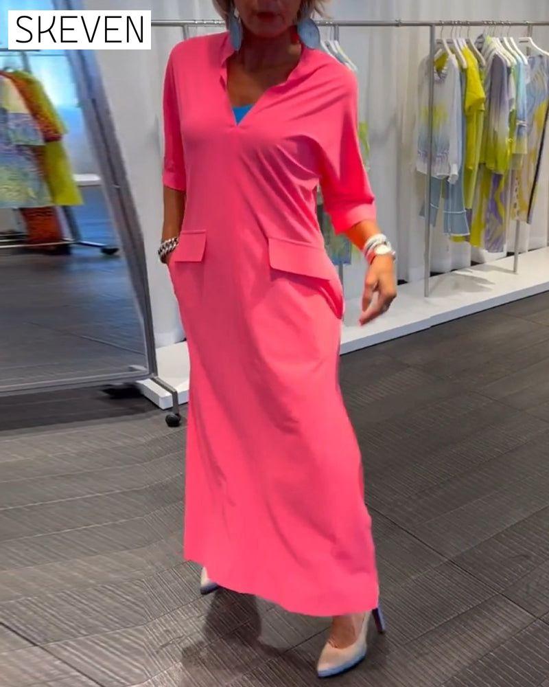 Slit V-neck solid color dress