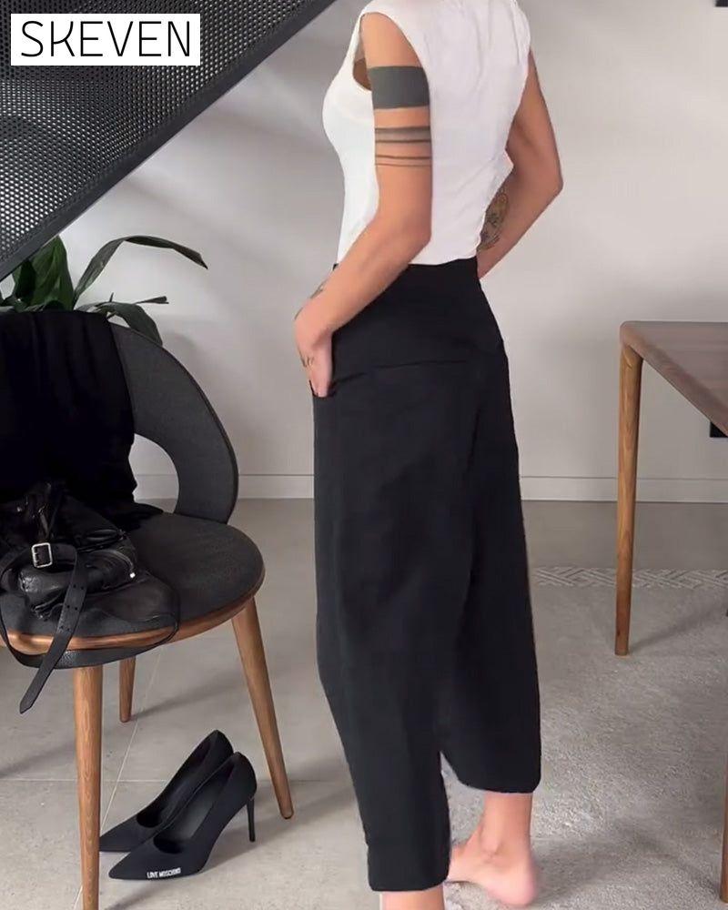 Simple solid color asymmetric casual pants