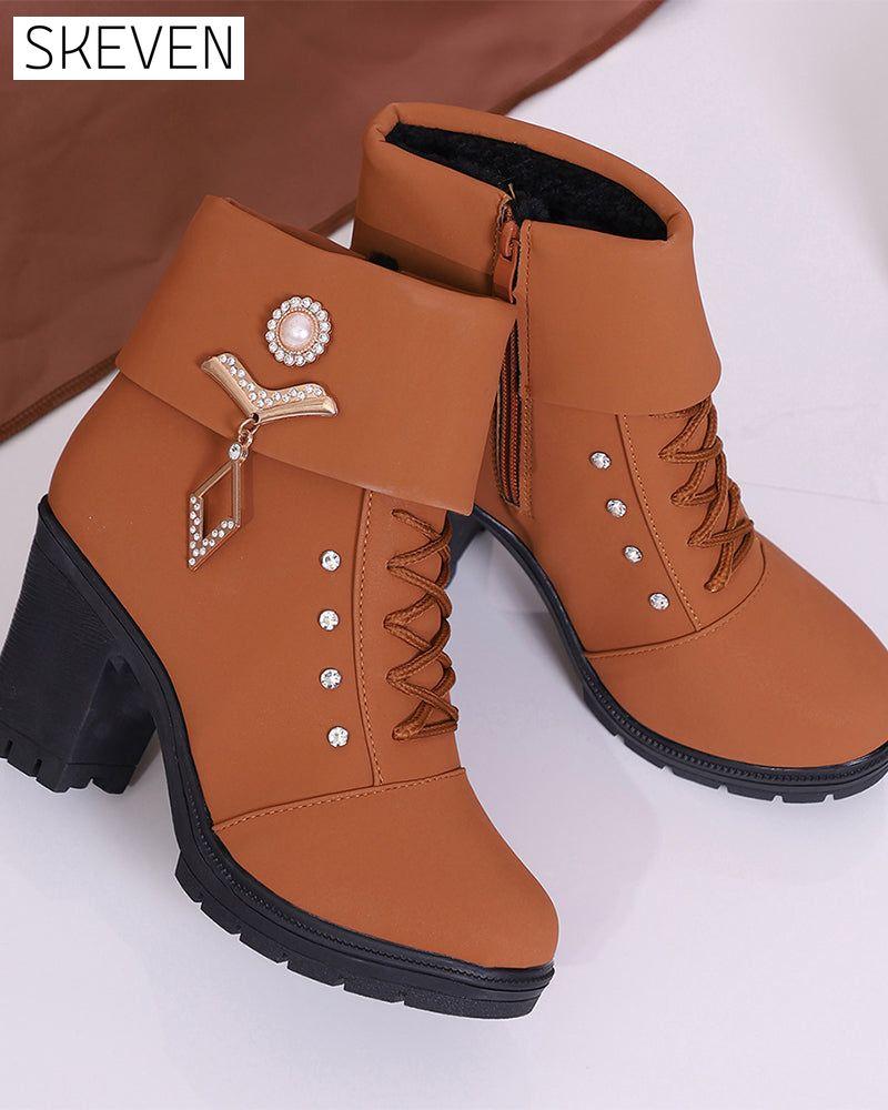 Women's Chunky Heeled Ankle Boots with Rhinestone Decor