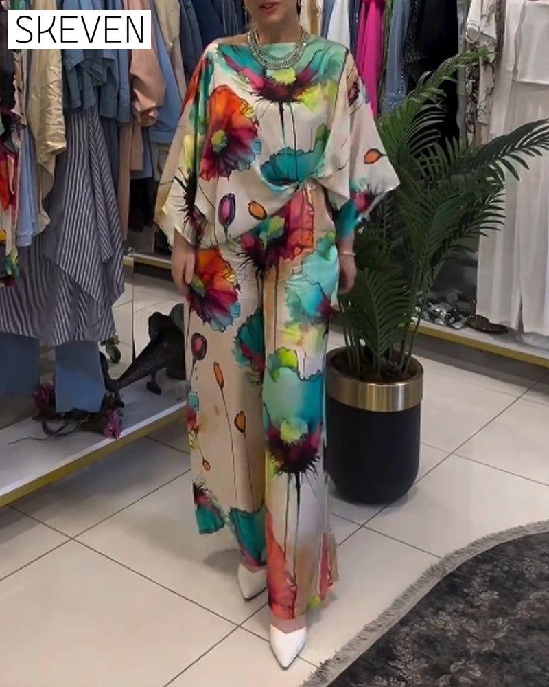 ensemble à imprimé lotus, une épaule et manches trois-quarts