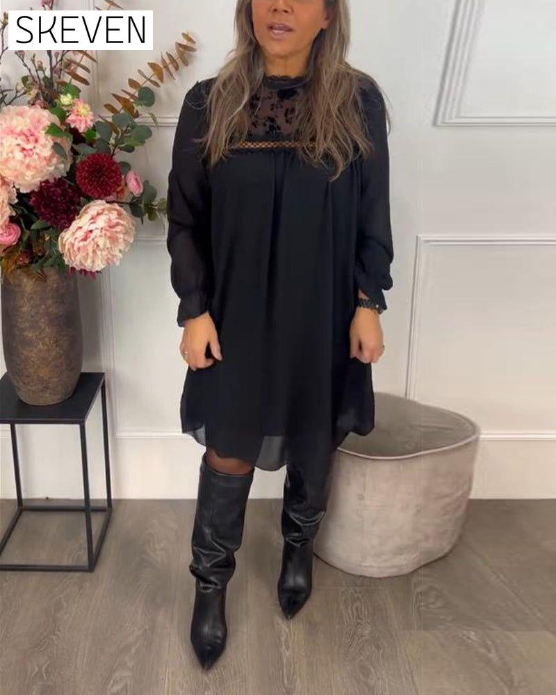 Lace Cutout Puff-Sleeve Elegant Dress