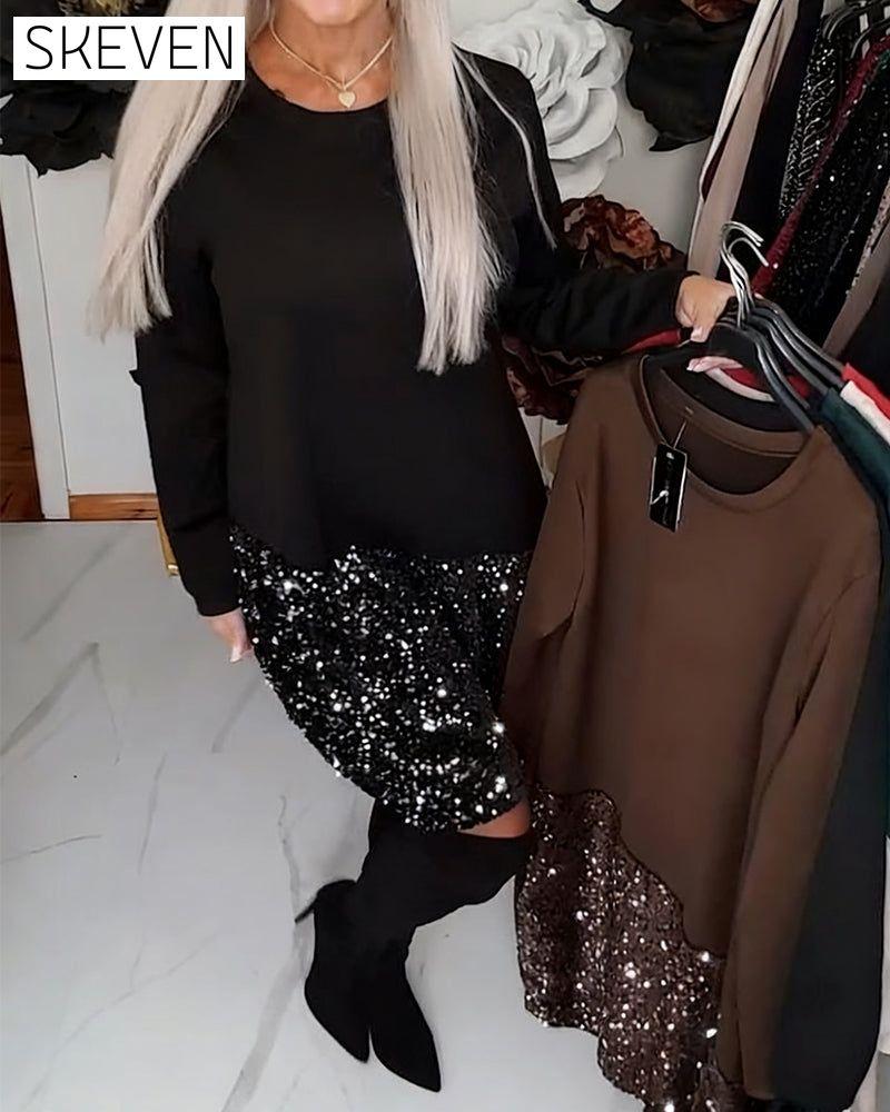 Round Neck Long-Sleeved Sequined Patchwork Dress