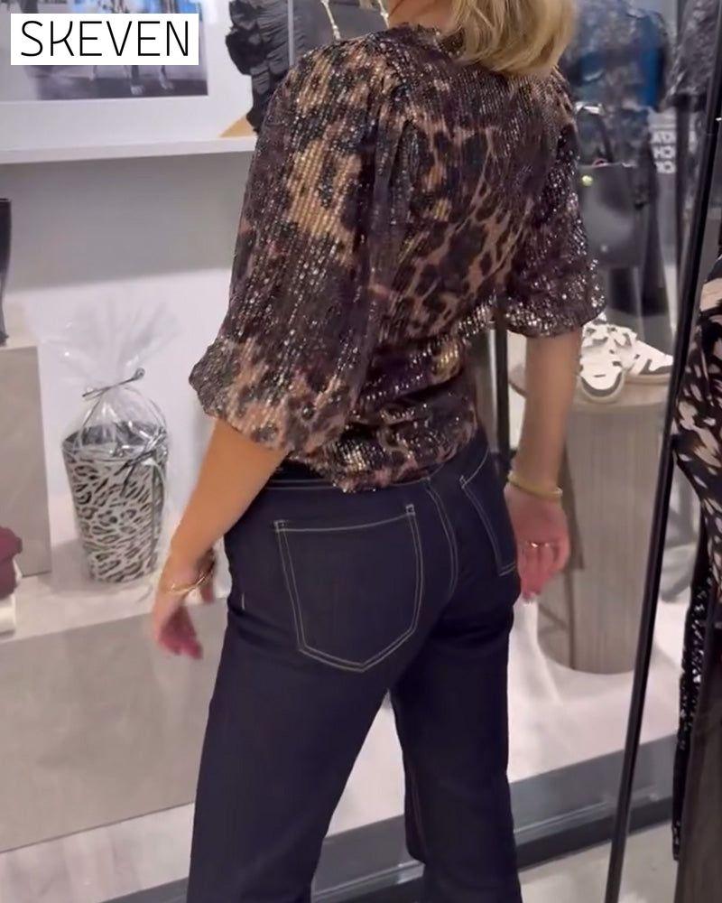 Lantern-Sleeve Sequined Leopard-Print Blouse